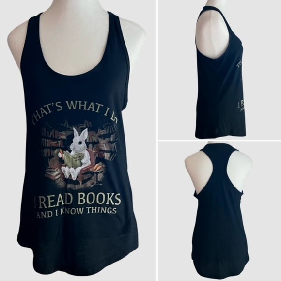 "I Read Books" Rabbit with Book Racerback Tank Black, Size Large - Picture 1 of 7